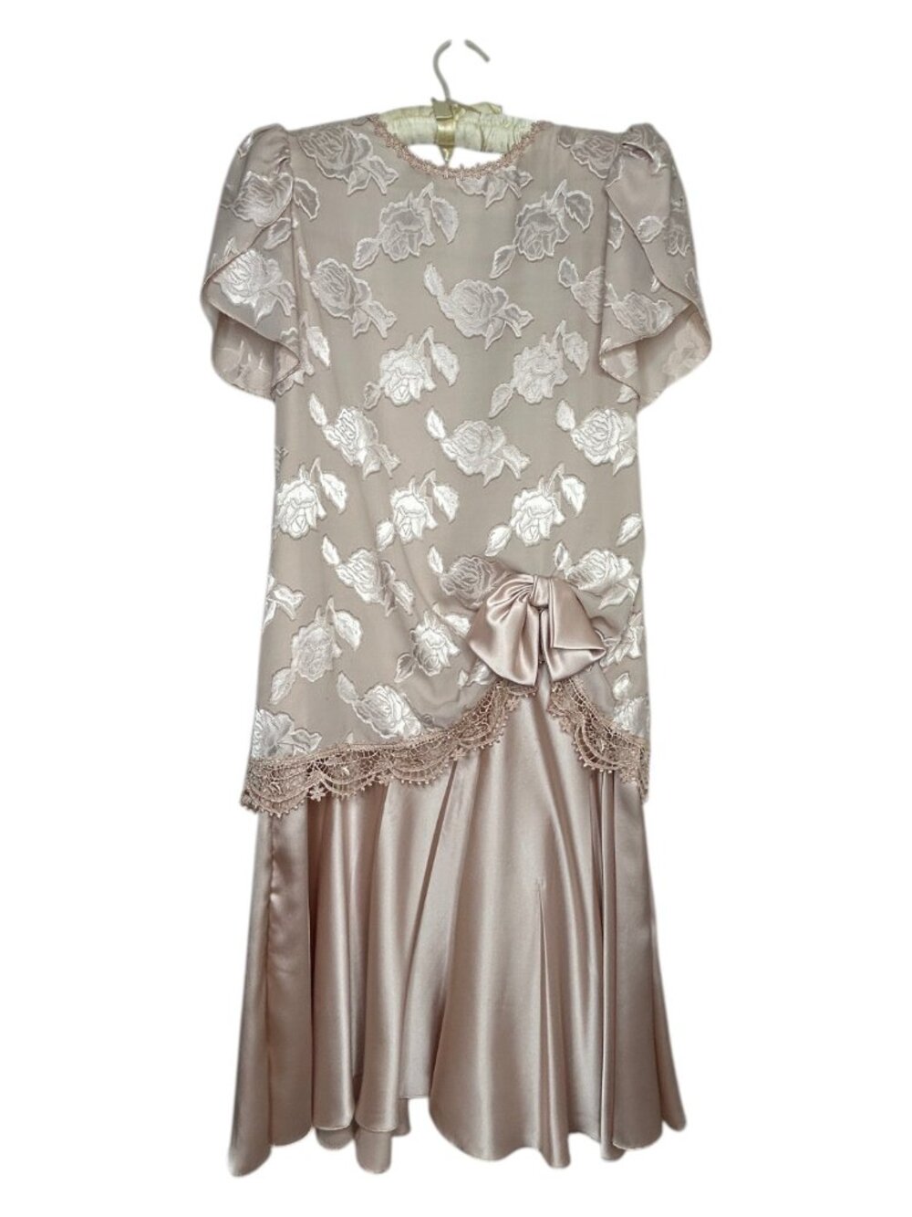 Vtg 80s Dress Beige Drop Waist Satin Bow Size 10 Barbara Chodos Michael Marcella